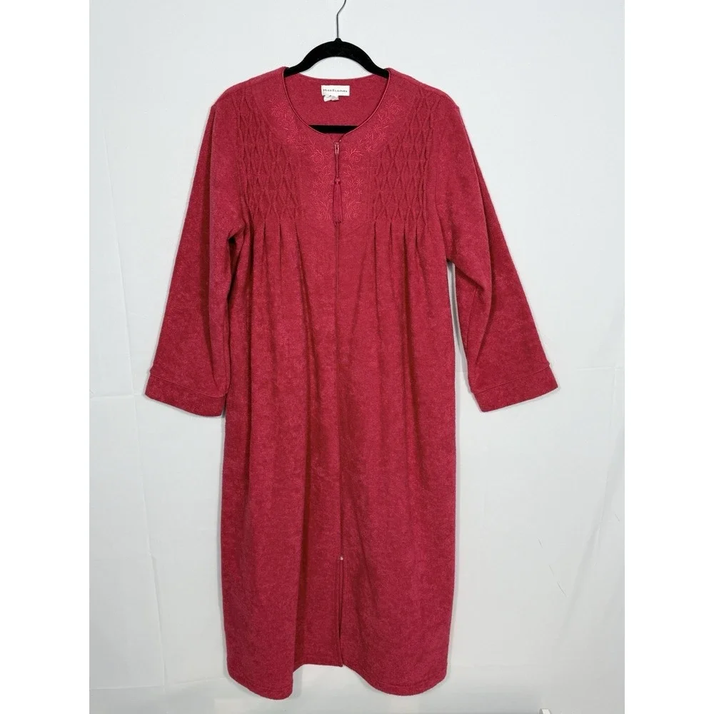 Miss Elaine Full Length Fleece Robe Womens M Red Zip Up Pockets Long Sleeve Cozy